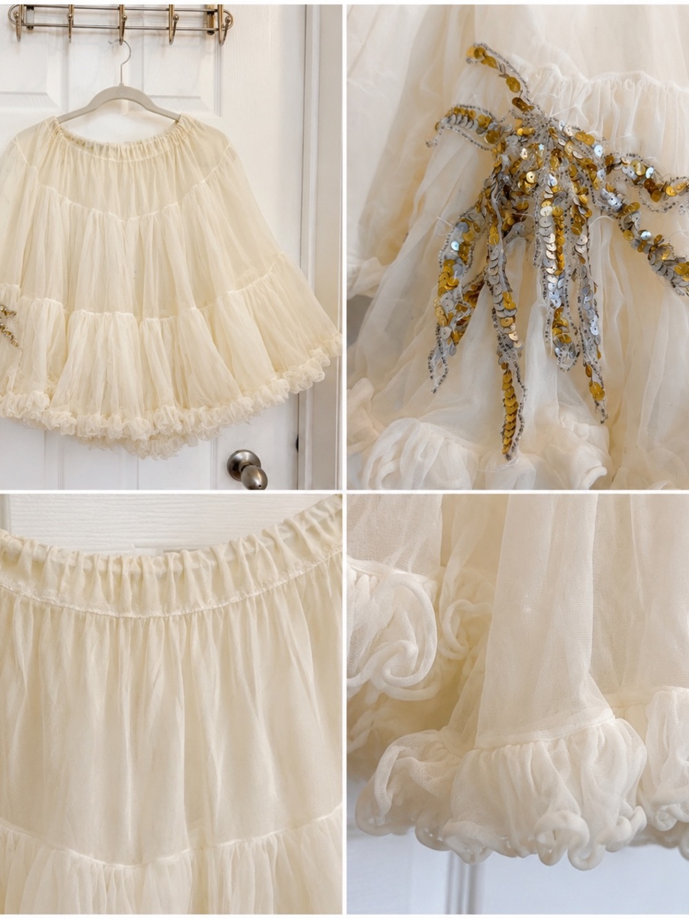 Vintage-Inspired Cream Tulle Layered cream-colored, tiered tulle petticoat skirt